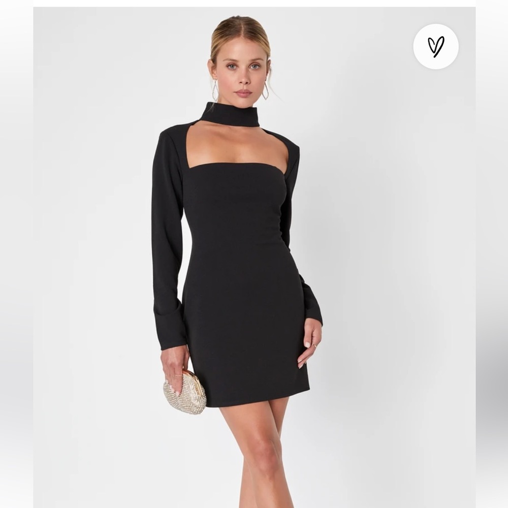 Flirty Business Black Long Sleeve Mock Neck Cutout Mini Dress